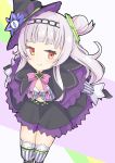  100ton250 1girl breasts capelet cleavage commentary_request gloves hair_bun hair_ornament hat highres hololive lavender_hair long_hair looking_at_viewer looking_up murasaki_shion navel red_eyes ribbon sitting smile solo thighhighs virtual_youtuber white_background witch_hat 