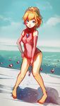  adapted_costume barefoot blue_eyes crown earrings elbow_gloves gem gloves highres jewelry long_hair mario_(series) one-piece_swimsuit ponytail princess_peach puddle saimon_ma solo super_mario_bros. swimsuit wet wet_clothes 