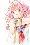  ahoge flower highres kawana_(spicaboy) long_hair mouth_hold original pink_hair red_eyes ribbon solo 