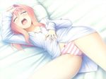 1girl artist_request bed blush bottomless character_request drooling eyes_closed faint_tone fummy game_cg hand_on_head lying naruse_suzume naruse_suzumi open_mouth pajamas panties pink_hair reon_(company) shirt solo source_request striped striped_panties underwear yawning yu-ta 