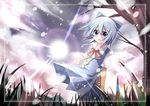  blue_dress blue_eyes blue_hair cirno cloud cloudy_sky dress frame grass hakobako ice ice_wings looking_at_viewer open_mouth puffy_sleeves shirt short_sleeves sky snowing solo sun touhou tree wings 
