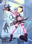  absurdres ammunition_belt aqua_hair belt beltbra bikini_top black_cat blue_eyes boots braid bullet cat crusader_kevin dual_wielding fingerless_gloves flat_chest freckles garters gatling_gun gloves gun handgun highres holding jinx_(league_of_legends) league_of_legends lips long_hair low-tied_long_hair minigun mismatched_gloves mismatched_legwear multiple_belts revolver shorts single_braid solo tattoo thighhighs very_long_hair weapon 