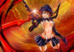  absurdres black_hair black_panties blue_eyes breasts clenched_teeth crop_top crusader_kevin elbow_gloves garter_straps gloves highres kill_la_kill matoi_ryuuko medium_breasts miniskirt multicolored_hair panties red_hair revealing_clothes scissor_blade senketsu short_hair showgirl_skirt skirt solo suspenders teeth thighhighs two-tone_hair underboob underwear 