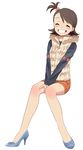  azucham bad_id bad_pixiv_id blush brown_hair futami_ami grin high_heels idolmaster idolmaster_(classic) shorts side_ponytail smile solo 