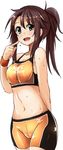  bike_shorts breasts brown_hair fang finger_to_face green_eyes hair_ornament hairclip himekawa_yuki idolmaster idolmaster_cinderella_girls medium_breasts midriff mizuno navel open_mouth ponytail solo sports_bra stomach sweat wristband yunodon_(sugar_maple) 