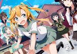  :d abukuma_(kantai_collection) akatsuki_(kantai_collection) black_hair blonde_hair blue_eyes blush braid brown_hair building candy carrying cat claw_pose cloud day dutch_angle fang food gochou_(atemonai_heya) kantai_collection kitakami_(kantai_collection) kneehighs loafers lollipop multiple_girls open_mouth pleated_skirt purple_eyes school_uniform serafuku shoes skirt sky smile tears teasing wavy_mouth yukikaze_(kantai_collection) yuubari_(kantai_collection) 