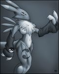  beckoning canine digimon female fox greyscale krinkels mammal monochrome nude pinup pose renamon solo 