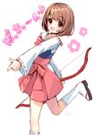  :d blush bow_(weapon) brown_eyes brown_hair finger_gun flower hakama hakama_skirt heart japanese_clothes kneehighs miko open_mouth red_hakama ribbon-trimmed_collar ribbon-trimmed_legwear ribbon-trimmed_sleeves ribbon_trim sandals sengoku_basara short_hair signature smile solo standing standing_on_one_leg tsuruhime usashiro_mani weapon 