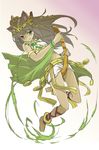  animal_ears barefoot bastet_(p&amp;d) between_legs blush brown_hair cat_ears cat_tail fang green_eyes highres long_hair navel puzzle_&amp;_dragons skirt solo tail tail_between_legs tail_grab tan tiara tokiti 