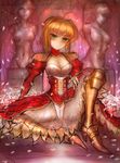  absurdres ahoge blonde_hair breasts dress epaulettes fate/extra fate_(series) girlsay greaves green_eyes highres medium_breasts nero_claudius_(fate) nero_claudius_(fate)_(all) nipples nude red_dress see-through statue 