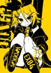  bare_legs bare_shoulders blonde_hair bow coat fingerless_gloves gloves hair_bow hair_ornament hair_ribbon hairclip kagamine_rin looking_at_viewer monochrome nail_polish necktie negi_(ulog'be) orange_(color) ribbon shirt shoes short_hair shorts sitting sleeveless sleeveless_shirt smile sneakers solo spot_color vocaloid 