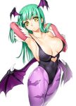  1girl bangs bare_shoulders bat_print bat_wings breasts bridal_gauntlets bursting_breasts capcom clavicle cleavage collarbone crossed_arms darkstalkers demon_girl demon_wings ears elbow_gloves fingernails gloves green_eyes green_hair head_wings hips huge_breasts legs leotard long_hair morrigan_aensland onsoku_maru pantyhose print_legwear short_hair solo succubus vampire_(game) wings yellow_eyes 