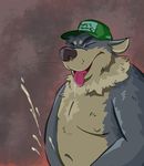  canine chubby cum cumshot eyes_closed fluffy fur hat male mammal masturbation nipples open_mouth orgasm plain_background smile solo tongue weaselr whiskers wolf 