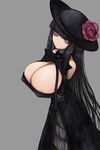  1girl aebafuti areolae bare_shoulders black_gloves black_hair breasts cleavage dress elbow_gloves erect_nipples expressionless female gloves hat highres huge_breasts long_hair pink_eyes ribbon 