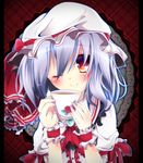  ayatan-kiri blush bow cup fang hat hat_bow lavender_hair one_eye_closed red_eyes remilia_scarlet solo teacup touhou wrist_cuffs 