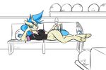  allie_way_(mlp) anthro anthrofied bench blue_eyes blue_hair bottomless bowling_alley bowling_ball bowling_pin breasts cider clothing equine female friendship_is_magic frumplechuck hair hooves horn horse lying mammal my_little_pony navel panties pony shirt solo two_tone_hair underwear unicorn 