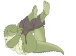  5_toes anthro barefoot butt clothing crocodile gamma-g hindpaw human_feet legs_up lying male on_back pants paws plain_background plantigrade pose reptile scalie shirt soles solo thick_tail toes undressing white_background 