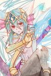  1girl armor blue_hair demon demon_girl frost_demon_(p&amp;d) head_fins highres horns midriff puzzle_&amp;_dragons red_eyes solo tail weapon wings 