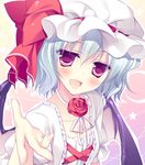  :d bad_id bad_pixiv_id bat_wings blue_hair blush bow dress fang flower hat hat_bow looking_at_viewer mob_cap motomiya_mitsuki open_mouth outstretched_arm outstretched_hand pink_eyes red_flower red_rose remilia_scarlet ribbon-trimmed_headwear ribbon_trim rose smile solo touhou upper_body white_dress wings 
