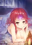 bed blanket breasts brown_eyes candle cleavage facial_mark forehead_mark hat long_hair lying medium_breasts mother_demon nude nyan_(themare) on_stomach red_hair santa_hat smile solo sword_girls window 