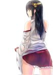  bare_shoulders black_hair brown_eyes eko haruna_(kantai_collection) kantai_collection long_hair ribbon-trimmed_sleeves ribbon_trim simple_background skirt solo wet white_background 