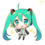  :d ahoge artist_name blush chibi detached_sleeves green_eyes green_hair hair_ribbon hatsune_miku long_hair lowres necktie open_mouth ribbon signature simple_background skirt smile solo spring_onion twintails usashiro_mani vocaloid white_background 