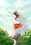  bad_id bad_pixiv_id bare_shoulders black_hair blue_sky bow closed_eyes cloud day detached_sleeves hair_bow hair_tubes hakurei_reimu head_tilt light_rays light_smile pedestal profile sakudyuba skirt skirt_set sky solo sunbeam sunlight touhou tree wind 