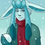  blue_eyes blue_fur clothed clothing eeveelution fur glace glaceon low_res male nintendo pok&#233;mon pok&#233;morph pok&eacute;mon pok&eacute;morph scarf smile snow standing video_games 