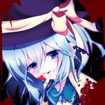  ayatan-kiri blood blood_on_face blue_eyes bow fang hat hat_bow heart heart-shaped_pupils komeiji_koishi solo symbol-shaped_pupils touhou white_hair 