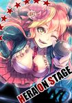  between_breasts black_legwear breasts english green_eyes hand_on_hip hera_(p&amp;d) horns large_breasts long_hair microphone one_eye_closed open_mouth puzzle_&amp;_dragons red_hair sion_(blackhorse) skirt smile solo thighhighs tongue tongue_out 