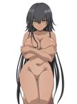  1girl areolae black_hair breast_hold breasts collarbone crossed_arms dark_skin female highres hips kneeling legs long_hair looking_at_viewer master_nemesis mound_of_venus navel nipples no_pussy nude shueisha simple_background smile solo thighs to_love-ru to_love-ru_darkness very_long_hair white_background wide_hips yellow_eyes 