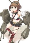  bad_id bad_pixiv_id bare_shoulders blush breasts brown_hair cannon chain cleavage gloves green_eyes headgear kantai_collection large_breasts midriff miniskirt mutsu_(kantai_collection) red_legwear short_hair skirt smile solo thighhighs turret white_gloves yappen 