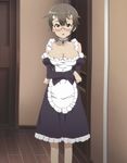  apron breasts brown_hair cleavage glasses green_eyes highres koganuma_minori maid outbreak_company screencap short_hair solo stitched third-party_edit 