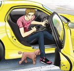  artist_request blonde_hair car cigarette dog initial_d male male_focus motor_vehicle sitting takahashi_keisuke vehicle 