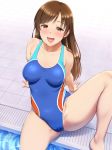  1girl :d ass barefoot blush breasts brown_eyes brown_hair cameltoe collarbone erect_nipples idolmaster idolmaster_cinderella_girls long_hair looking_at_viewer medium_breasts nitta_minami one-piece_swimsuit open_mouth poolside shikuta_maru sitting smile solo spread_legs swimsuit 