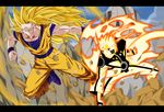  blonde_hair crossover dragon_ball dragon_ball_z electricity long_hair multiple_boys muscle naruto_(series) naruto_shippuuden short_hair son_gokuu spiked_hair super_saiyan super_saiyan_3 uzumaki_naruto xennad_eulano 