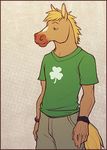  anthro brown_fur equine fur green_eyes green_shirt horse male merystic solo standing 