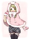  1girl :d animal_ears animal_hood bangs bear_ears bear_hood black_legwear blush bow capelet cowboy_shot drawstring eyebrows_visible_through_hair fur-trimmed_capelet fur-trimmed_mittens fur_trim green_eyes green_hair grey_shorts hand_up hood hood_up hooded_capelet long_hair long_sleeves looking_at_viewer mittens morinaka_kazaki nijisanji open_mouth pink_capelet pink_mittens plaid plaid_shorts polka_dot polka_dot_bow red_bow short_shorts shorts smile solo thighhighs virtual_youtuber white_bow yamabukiiro 