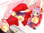  &gt;_o adjusting_clothes adjusting_hat animal_ears ass bad_id bad_pixiv_id breasts bunny_ears bunny_tail christmas cleavage hat highres kekeji large_breasts long_hair mirror one_eye_closed open_mouth panties pantyshot pantyshot_(standing) purple_hair reflection reisen_udongein_inaba santa_costume santa_hat solo standing star striped striped_panties tail touhou underwear 