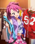  :d artist_request blush camouflage camouflage_pants clothes_hanger clothes_rack clothes_writing hood hooded hoodie idolmaster idolmaster_million_live! jacket maihama_ayumu multicolored_hair official_art open_mouth pants pink_eyes pink_hair shopping smile track_jacket vest 