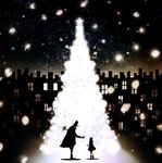  1girl bad_id bad_pixiv_id christmas christmas_tree dress gift harada_miyuki hat highres original outdoors silhouette sky skyline star_(sky) starry_sky winding_key window 