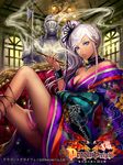  armor bare_shoulders blue_eyes breasts chain cleavage couch cross dragon_dreizehn from_side japanese_clothes kimono kiseru long_hair mayachise medium_breasts off_shoulder parted_lips pipe polearm sitting smoke solo weapon white_hair yuujo 