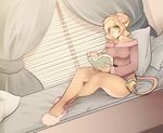  blinds blonde_hair breasts curtains feline female fur green_eyes hair invalid_tag lion looking_at_viewer mammal mithril07 panties pillow reading sitting slippers smile solo sweater tail_tuft tan_body teil thighs tuft underwear 
