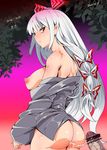  1girl after_sex ass bow breasts censored cum cum_on_ass cum_on_body cum_on_lower_body cum_string dated fujiwara_no_mokou hair_bow hair_ribbon hetero large_breasts long_hair looking_back nipples nyuu_(manekin-eko) penis pointless_censoring red_eyes ribbon shirt_pull silver_hair solo_focus touhou 