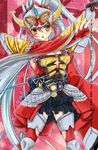  absurdres armor bad_id bad_pixiv_id banana boots breasts cleavage detached_sleeves food fruit highres kamen_rider kamen_rider_baron kamen_rider_gaim_(series) large_breasts lock_seed multicolored_hair neck_ribbon personification ponytail red_hair ribbon rider-tan rider_belt sengoku_driver shisaki_tayu silver_hair skirt solo thigh_boots thighhighs two-tone_hair yellow_eyes 