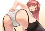  1girl ass bent_over chakabo female garter_straps gradient gradient_background highres long_hair looking_back open_mouth panties presenting red_hair shiny shiny_skin simple_background solo spread_legs thighhighs twintails underwear yellow_eyes 