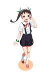  :d bandaid bandaid_on_knee black_hair bracelet fang hachikuji_mayoi hairband iyakun jewelry long_hair monogatari_(series) open_mouth overalls red_eyes ribbon school_uniform skirt smile socks solo star suspenders twintails white_legwear 