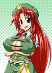  1girl blue_eyes breast_hold breasts covered_nipples dress erect_nipples female hat hong_meiling huge_breasts long_hair long_skirt no_panties open_mouth red_hair regls skirt solo standing touhou 