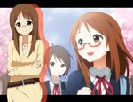  :d belt blush brown_eyes brown_hair cherry_blossoms crossed_arms glasses jewelry k-on! kawaguchi_norimi kisuke_(akutamu) letterboxed long_hair multiple_girls necklace open_mouth outline red-framed_eyewear ribbon sakuragaoka_high_school_uniform school_uniform semi-rimless_eyewear smile teenage tree under-rim_eyewear yamanaka_sawako younger 