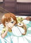  bed brown_eyes brown_hair misaka_mikoto muichimon pajamas solo stuffed_animal stuffed_toy teddy_bear to_aru_kagaku_no_railgun to_aru_majutsu_no_index 